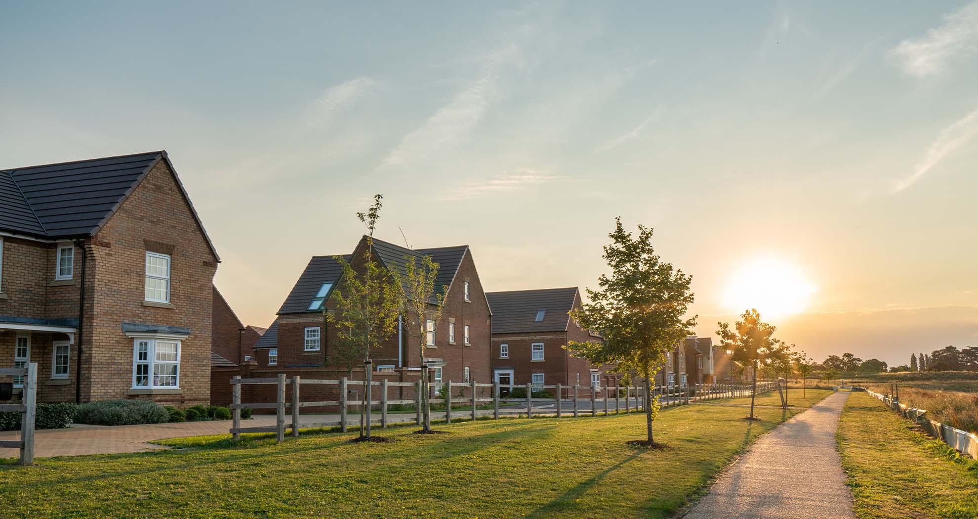 A row of detached houses in a suburb during a sunset.