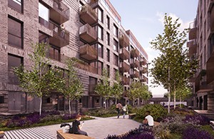 Apartment blocks facing each other with trees lining the centre walkway