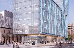 Glass building with people in the foreground