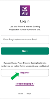 AIB internet banking login in page with an arrow pointing at the register button.