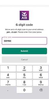 A demonstration of someone verifying their email address using a one time code on the AIB internet banking platform.