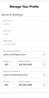 AIB mobile banking app 'Manage your profile' page with customer information filled in.