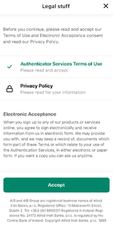 Legal stuff page on the AIB mobile app with the authenticator terms of services use tab ticked