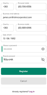 AIB internet banking register page with example details filled in.