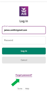 AIB internet banking page with an arrow pointing at the 'forgot  password?' link.
