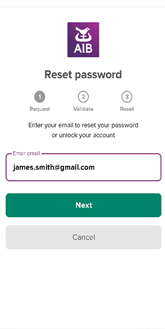 AIB internet banking reset password page with email added to the input field 