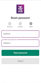 AIB internet banking reset password page with the new password entered into the input field.