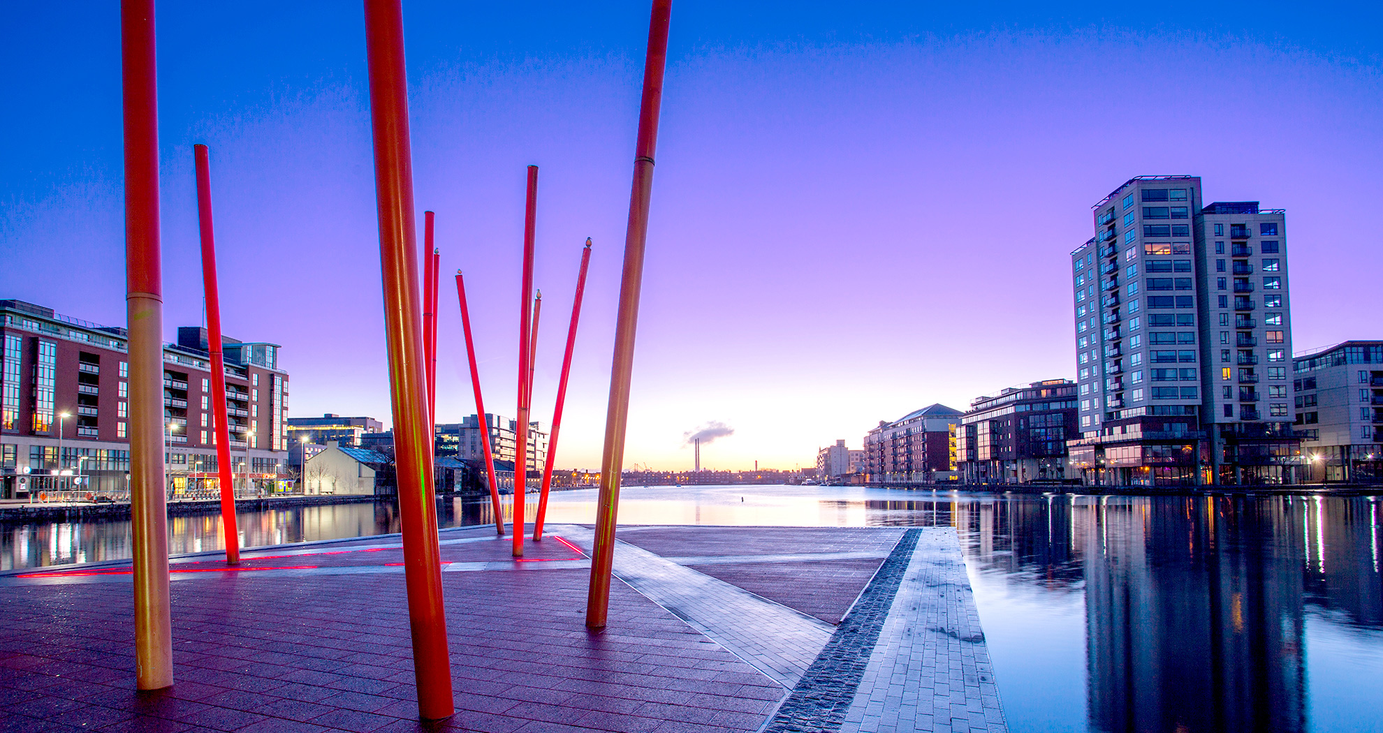 Grand Canal Dock in Dublin during sunset.