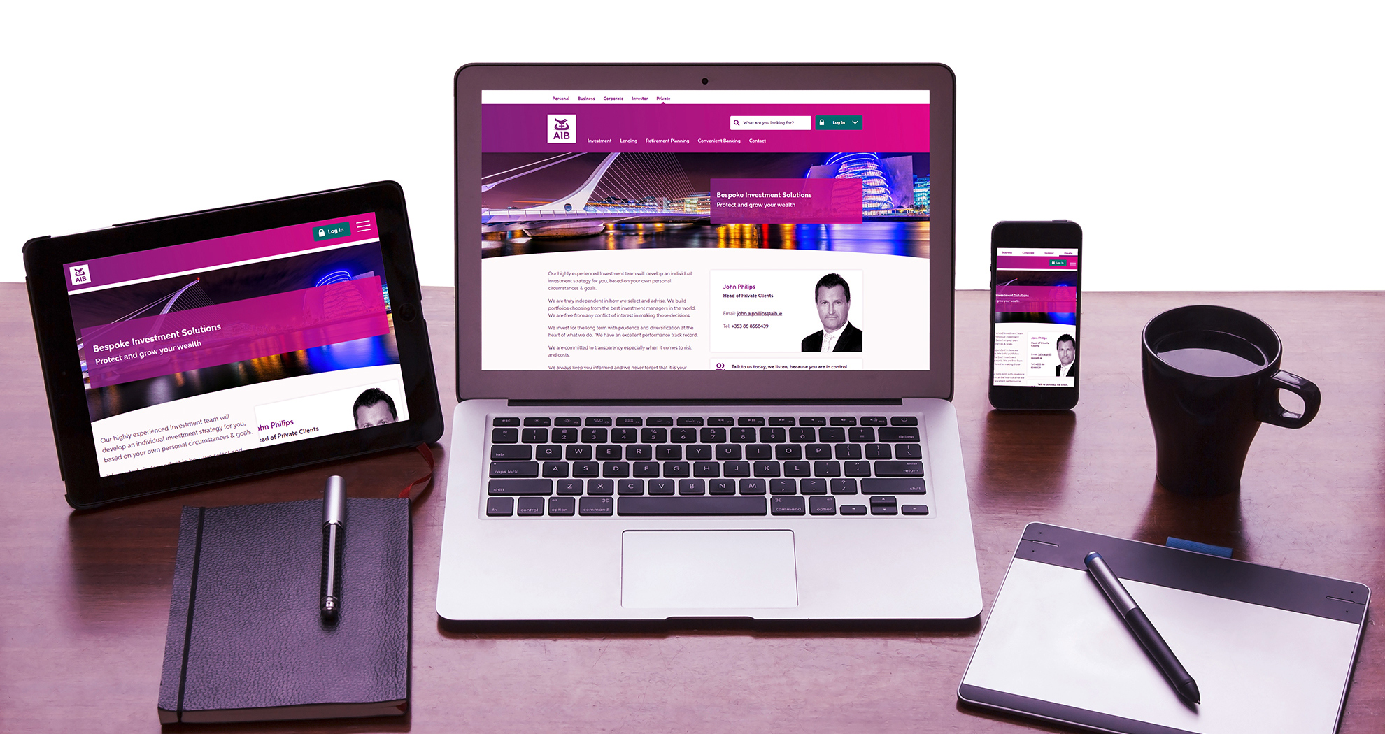Desktop, tablet and mobile  being used for AIB convenient banking.