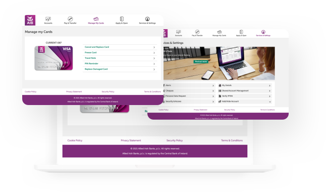 Different sections of AIB internet banking displayed on laptop screens.