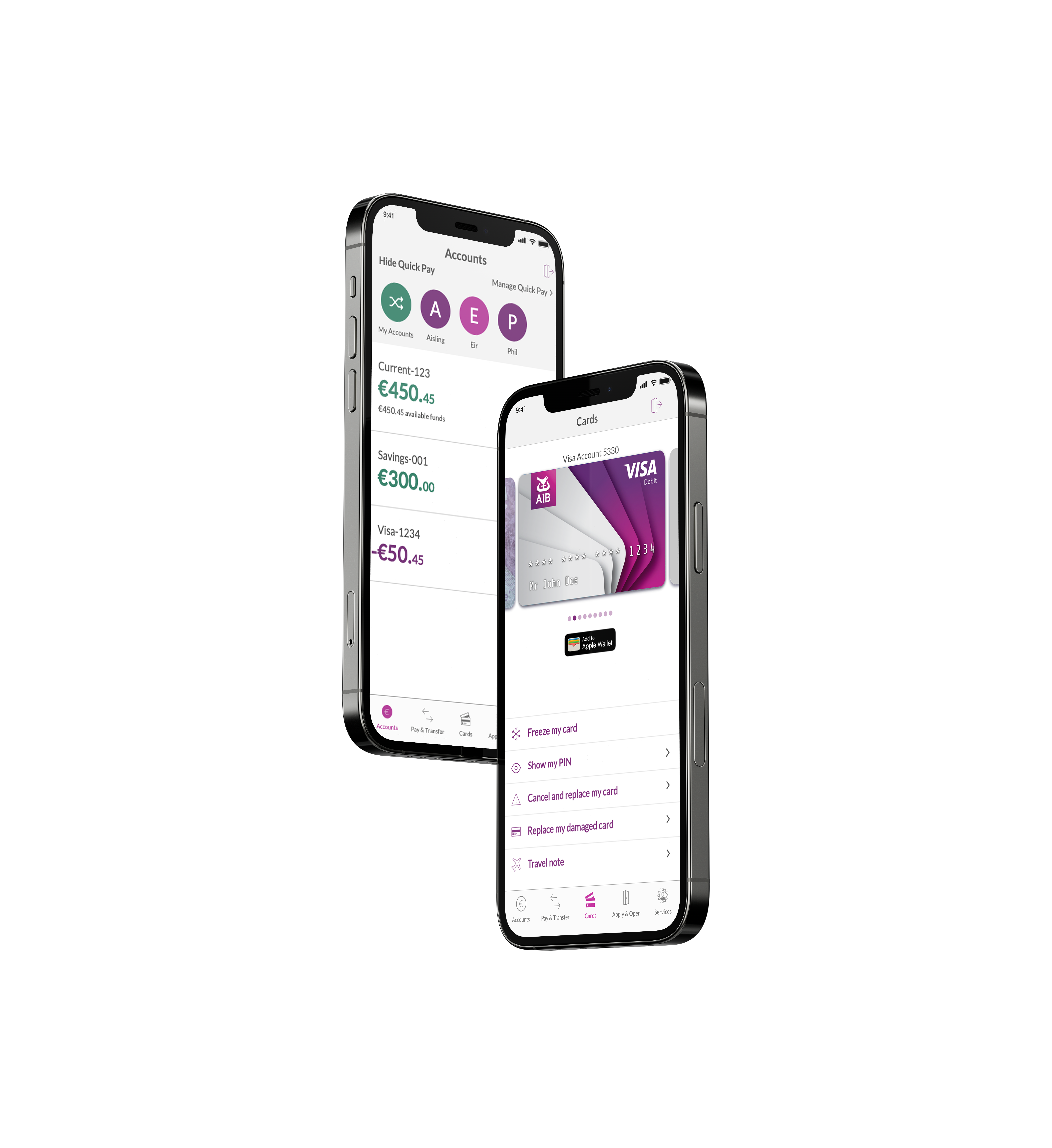 Two phones showing off the AIB app. One showing the cards page and the other showing the accounts page.